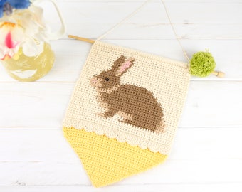 Easter Decoration, Rabbit Wall Art, Crochet Pattern, Bunny Theme, Easter Gift, Pom Poms, Wall Hanging, Scalloped Edging, Farmhouse Decor