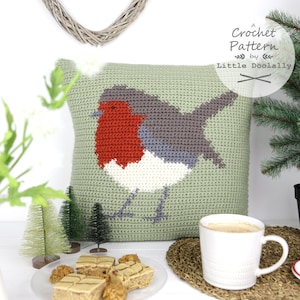 Robin Cushion, Crochet Pattern, Christmas Pillow, Intarsia Crochet, Little Doolally, Pattern for Crochet, Bird Cushion, Festive Decor, Xmas