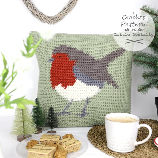 Robin Cushion, Crochet Pattern, Christmas Pillow, Intarsia Crochet, Little Doolally, Pattern for Crochet, Bird Cushion, Festive Decor, Xmas