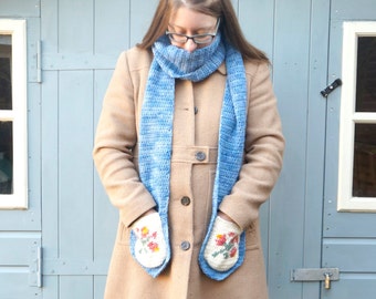 Warm Scarf, Country Style, Crochet Pattern, Winter Scarf, Neck Warmer, Soft Blue, Flower Pockets, Boho Style, Fall Scarves, Intarsia Crochet