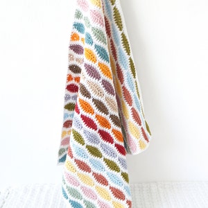 May include: A colorful, handmade crochet blanket with a repeating diamond pattern in various colors, including red, orange, yellow, green, blue, and purple. The blanket is hanging from a clothesline with a wooden clothespin.