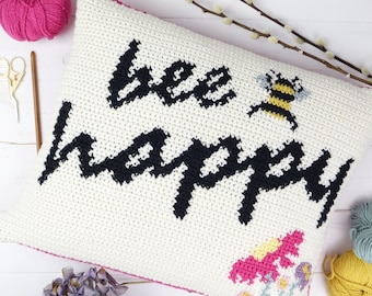 Bee Happy Cushion, Crochet Pattern, Pillow Crochet Tutorial, Rectangular, Summer Home Decor, Intarsia Crochet, Picture Chart, Dk Yarn, Pink