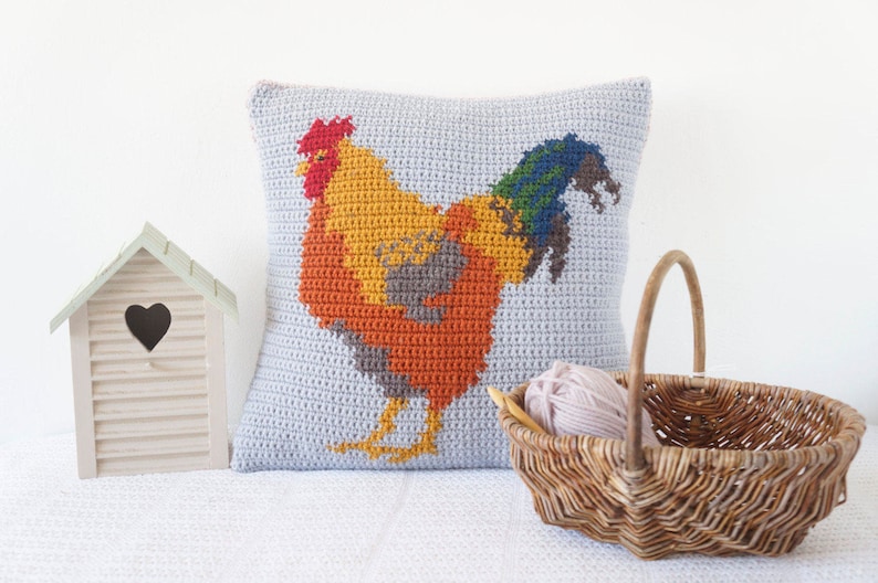 Animal Crochet Pattern Pillow Chicken Cockerel Cushion Etsy