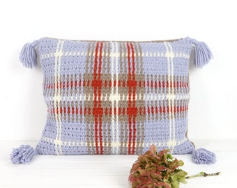 Plaid Pillow Crochet Pattern, Blue and Rust Cushion, Autumn Decor, Fall Sofa Cushion, Patterns for Crochet,Winter Theme,Cushion with Tassels