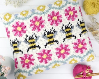 Busy Bee Fair Isle Cushion Crochet Pattern, Crochet Pillow Tutorial, Fairisle, Bumble Bee, Bright Colour, Summer Home Decor, Bold Design, UK