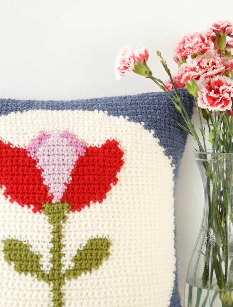 Puede incluir: Una almohada blanca de crochet con un dise&ntilde;o de flor roja, rosa y verde. La almohada tiene un borde azul y est&aacute; sobre una superficie blanca.