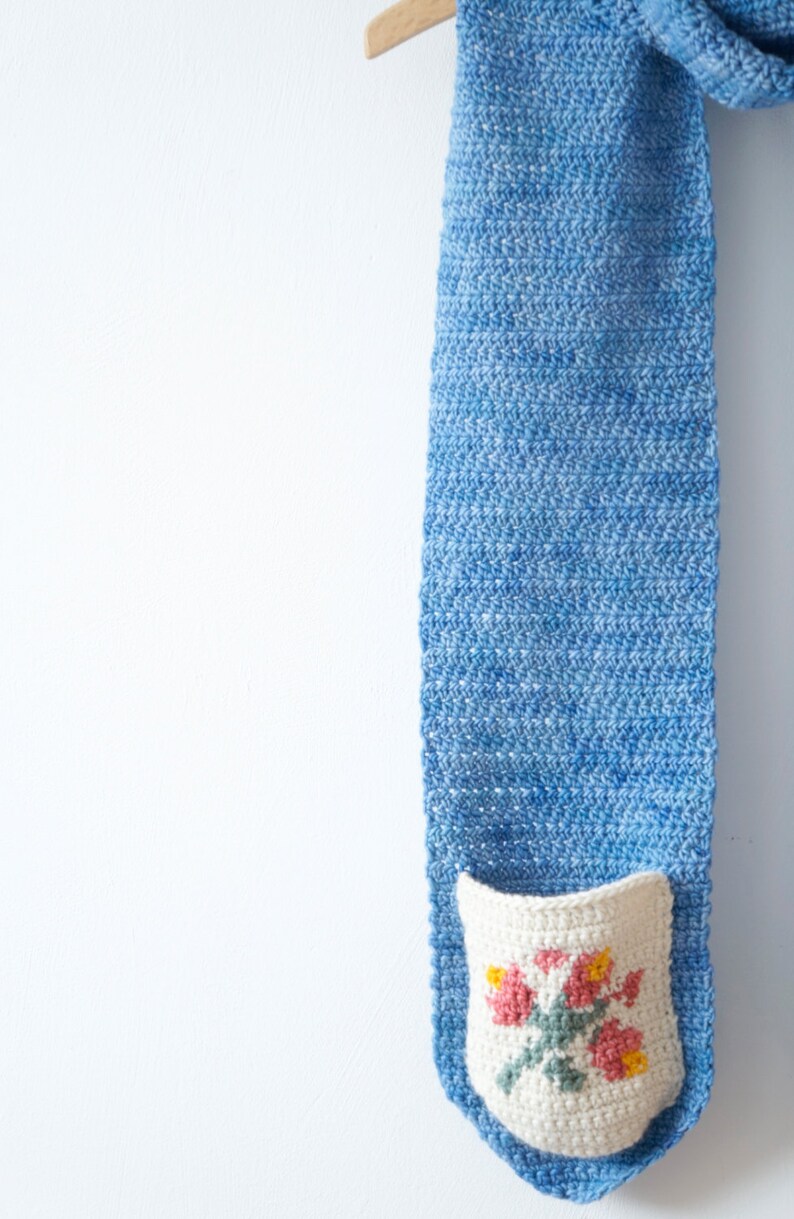 Warm Scarf, Country Style, Crochet Pattern, Winter Scarf, Neck Warmer, Soft Blue, Flower Pockets, Boho Style, Fall Scarves, Intarsia Crochet image 5