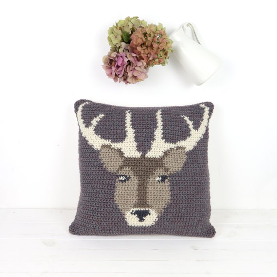 Stag Cushion Crochet Pattern, Woodland Animal, Farmhouse Pillow, Country Style Decor, Autumn Crochet, Fall Cushion, Patterns for Crochet,