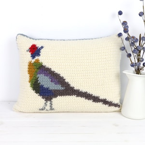 May include: A white crocheted pillow with a colorful pheasant design. The pheasant is facing right and has a red head, green and yellow body, and blue and purple tail feathers.