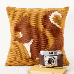 May include: A mustard yellow crocheted pillow with a brown and white squirrel design. The pillow is sitting on a book with a vintage camera on top.
