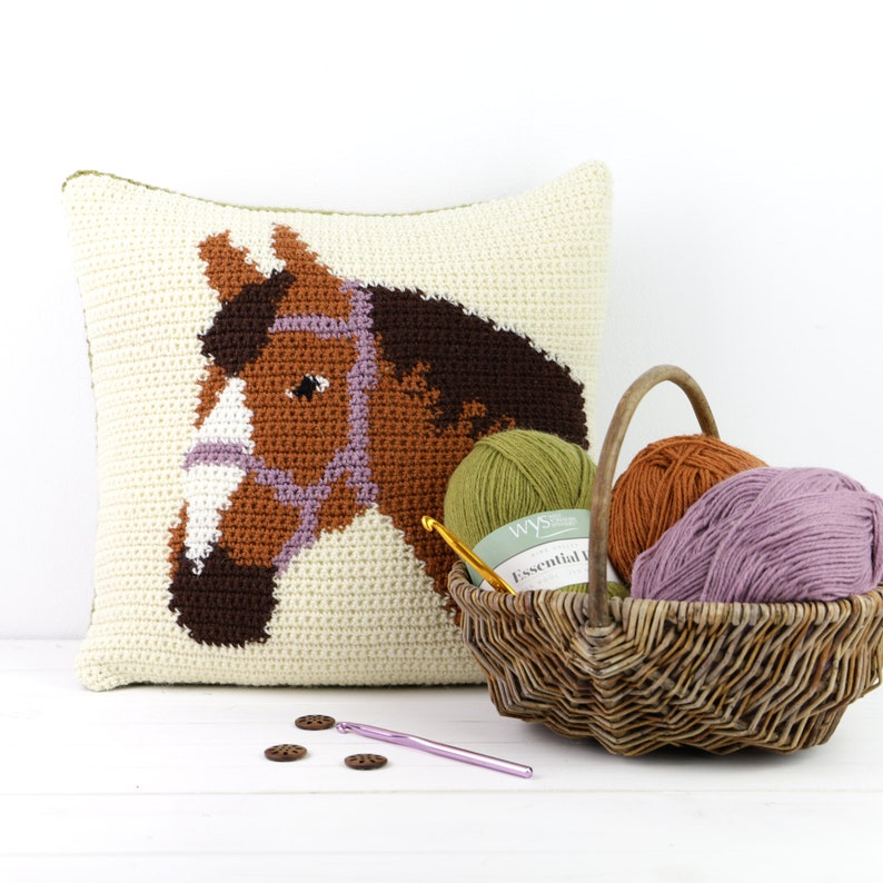 May include: A crocheted cushion featuring a brown horse head design, yarn, a crochet hook, and wooden buttons on a white surface.