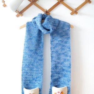 Warm Scarf, Country Style, Crochet Pattern, Winter Scarf, Neck Warmer, Soft Blue, Flower Pockets, Boho Style, Fall Scarves, Intarsia Crochet image 4