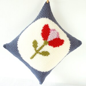 Puede incluir: Una almohada de crochet con fondo blanco y un dise&ntilde;o de flor roja, rosa y verde. La almohada est&aacute; rodeada por un borde azul.