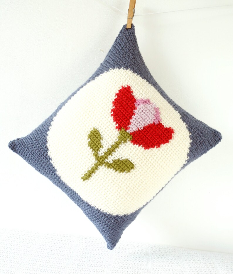 Puede incluir: Una almohada de crochet con fondo blanco y un dise&ntilde;o de flor roja, rosa y verde. La almohada est&aacute; rodeada por un borde azul.