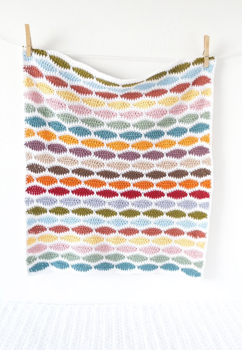 May include: A colorful, handmade crochet blanket with a repeating pattern of oval shapes in various colors, including blue, green, orange, and red. The blanket is hanging from a clothesline against a white background.
