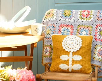 Pillow Crochet Pattern, Crochet Cushion, Patterns for Crochet, Double Knit, Mustard Pillow, Intarsia, Flower Cushion, Patterns Crochet