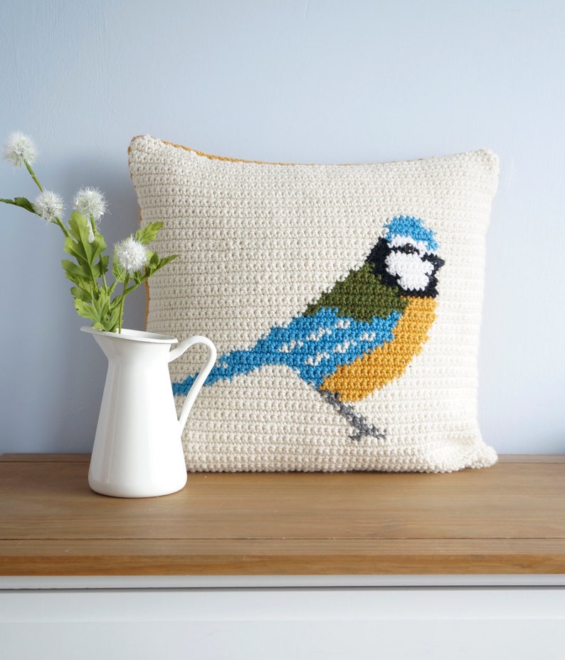 Spring Decor, Easy to Make, Crochet Pattern, Cushion Cover, Blue Tit, Bird Pillow, Lodge Decor, Lake House, Summer Picnic, Mothers Day Gift image 1