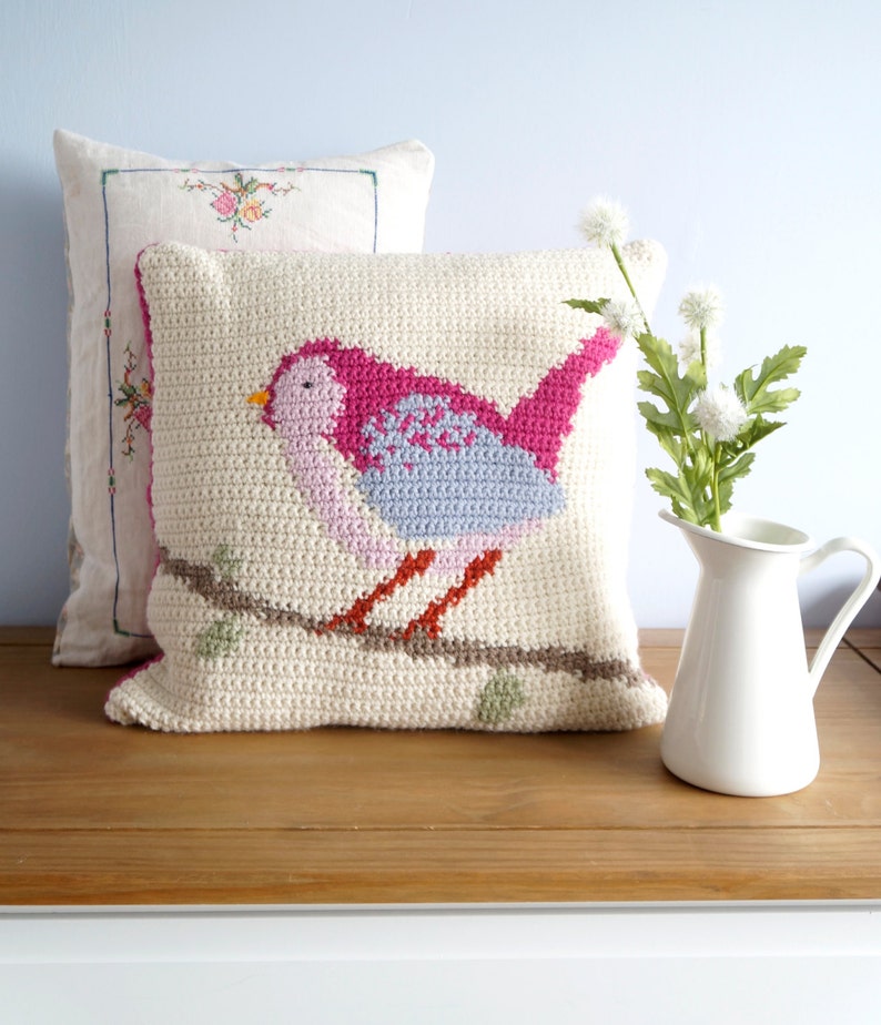 Pillow Crochet Pattern Bird Cushion Animal Crochet Intarsia Etsy