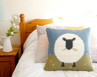 Sheep Cushion, Lake House Decor, Farmhouse Style, Crochet Cushion, Crochet Pattern, Sofa Pillow, Caravan Cushion, Intarsia Crochet Tutorial