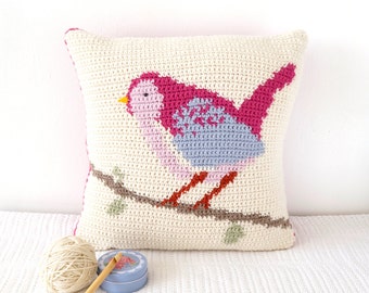 Crochet Pattern, Bird Cushion, Crochet Bird, Crochet Cushion, Crochet Pillow, Intarsia Crochet, Picture Crochet,Graphghan,Girls Room Crochet