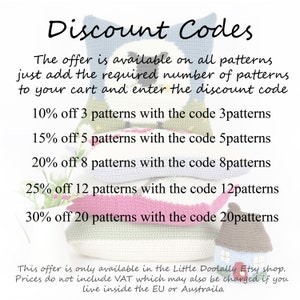 May include: A graphic with a stack of colorful crocheted pillows and text that reads "Discount Codes". The text below the title explains that the offer is available on all patterns and provides discount codes for purchasing 3, 5, 8, 12, and 20 patterns.