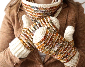 Patrón De Guantes De Ganchillo, Lana De Capucha, Hilo De Malabrigo, Colores De Otoño, Calentador De Cuello, Navidad Hecha En Casa, Patrón Escrito, Conjunto A Juego, Mitones Cálidos
