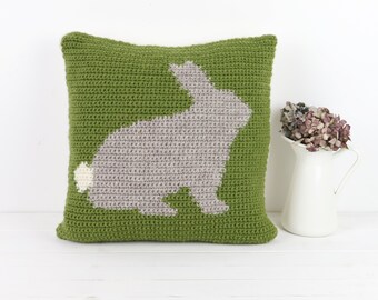 Cushion Crochet Pattern, Rabbit Cushion, Easter Crochet, Pillow, Intarsia Crochet, Patterns for Crochet, Woodland Animal, Square Pillow