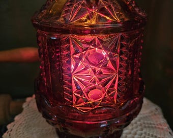 Vintage Indiana Glass Ruby Red Stars & Bars Fairy Lamp | Red Flashed Glass Candle Holder | Cottagecore Victorian Decor