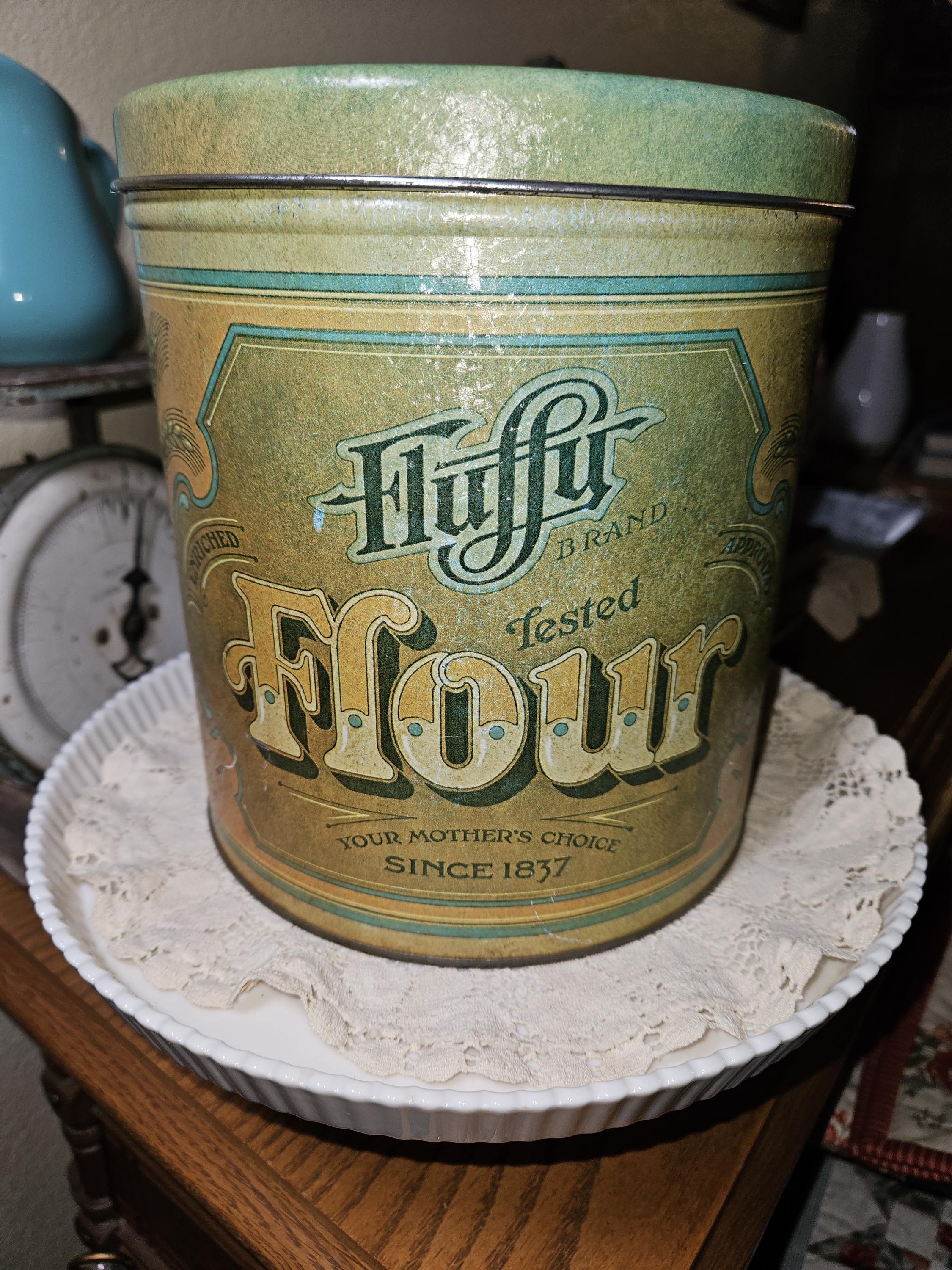 Vintage Fluff Flour Tin Canister | Large Green Farmhouse Kitchen