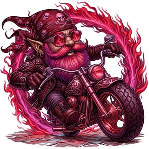 May include: A cartoon illustration of a biker gnome riding a red motorcycle. The gnome wears a red bandana with skull and crossbones, sunglasses, and a leather jacket. The motorcycle is detailed with flame accents and a red glow.