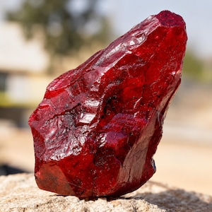 May include: A raw, deep red gemstone with a translucent, crystalline structure. The surface features jagged, irregular facets and natural fissures, displaying varying shades of crimson and dark ruby tones throughout its solid, unpolished form.