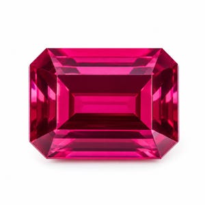 Puede incluir: Una vibrante gema de rubí de corte rectangular. La gema presenta un color rosa intenso y saturado con facetas que reflejan la luz. El corte esmeralda resalta la claridad y el brillo de la piedra sobre un fondo blanco. Ideal para joyería.