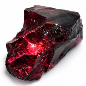 May include: A raw, unpolished garnet gemstone with a deep, saturated red color. The stone features a jagged, irregular shape with multiple facets and sharp edges that catch the light, revealing translucent areas and dark, opaque sections.