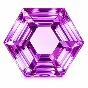 May include: A vibrant purple gemstone cut into a precise hexagonal shape. The stone features a faceted surface with geometric patterns that create light reflections and deep violet hues throughout the transparent, six-sided crystalline structure.