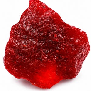 May include: A raw, unpolished mineral specimen with a vibrant, deep red colour. The stone features a jagged, irregular shape with a crystalline, translucent texture that catches light, displaying varied surface depths and sharp, angular edges.