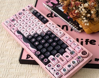 Cute Black Dragon Keycaps Set, Pink MOA Profile PBT Keycaps for Mechanical Keyboard, Anime Keycaps, Custom Gaming Keyboard Gift for Girl