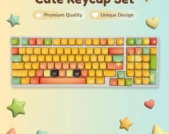 Cute Sunset Fruit PBT Keycap Set | MOA Profile Pastel Yellow Orange Green Custom Keycaps for Mechanical Keyboard 104/108 Keys