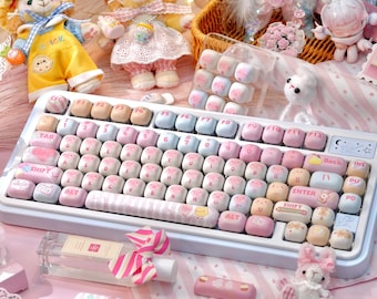 Cute Kawaii Keycap Set 142 Keys MOA Profile, Pastel Pink Dessert / Brown Cat / Orange Bread PBT Keycaps, Compatible with Mechanical Keyboard