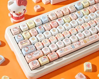 Hello Kitty MOA Profile Keycap Set, Pink Pastel PBT Keycaps, 140+ Keys Full Set, Cute Kawaii Keyboard Decor, Sanrio Fan Gift