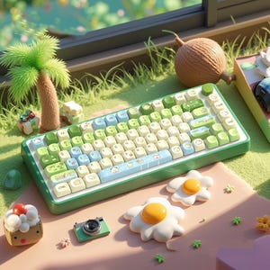 Pastel Green Lazy Sheep MOA PBT Keycaps, Cute Cottagecore Custom Key Caps for Mechanical Keyboard, Kawaii Animal Gamer Girl Gift