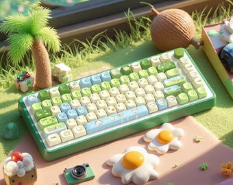 Pastel Green Lazy Sheep MOA PBT Keycaps, Cute Cottagecore Custom Key Caps for Mechanical Keyboard, Kawaii Animal Gamer Girl Gift
