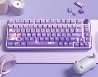 Cute Cat Purple PBT Dye Sub Keycap Set | 154 Keys Custom Keycaps for MX Switch Mechanical Keyboard | Purple  Cat Theme Keyboard Accessory