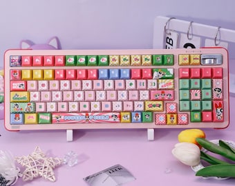 Powerpuff Girls Anime Keycaps Set, Cute Pink PBT Keycaps for Mechanical Keyboard, Kawaii Girl Gaming Keycap Gift