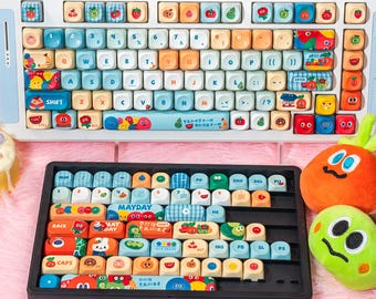 Cute Cartoon Fruit Animal Custom Keycap Set, PBT Dye Sub Keycaps, Cherry MX Mechanical Keyboard Key Caps, Kawaii Handmade Artisan Keycap