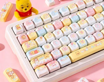 Cute Winnie Pooh Pastel Keycaps Set | PBT Dye-Sub Key Caps for Multiple Layout Mechanical Keyboard,Cherry MX Switch