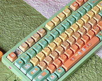 Citrus Bear Keycaps Set, Cute Bear Theme PBT Keycaps, Dye-Sublimation Keycaps for Mechanical Keyboard, Kawaii Keyboard Accessories