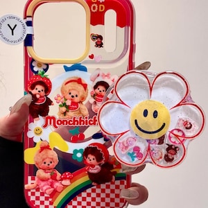 Sött Monchhichi MagSafe iPhone 17 16 15 14 Pro Max-skal, Blomgrepp och charm, Retro röd apa-skal, Kawaii 3D-leksak japansk present