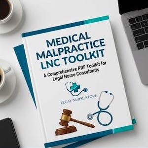Puede incluir: Un libro de tapa dura titulado "MEDICAL MALPRACTICE LNC TOOLKIT" con una cubierta azul y blanca. La portada presenta un estetoscopio, una maza y el texto "A Comprehensive PDF Toolkit for Legal Nurse Consultants" y "LEGAL NURSE STORE". Se ve una taza de café y un portátil.