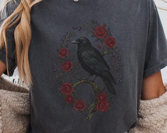 Retro Crow Comfort Colors Tee, Folk Art Bird, Nature Lover Witchy Gift, Gothic Cottagecore Tee, Raven and Floral Top, Vintage Raven T Shirt