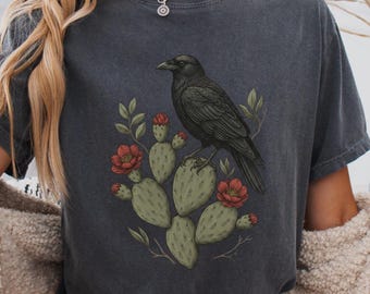 Vintage Raven T Shirt, Desert Cactus Flower Shirt, Desertcore Ceow Top, Dark Nature Shirt, Nature Lover Witchy Gift, Blooming Flower Top